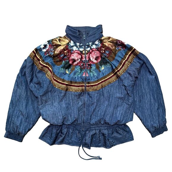 Vintage 80s Windbreaker Basic Editions Women Size L Floral Jacquard Lining Retro - Picture 1 of 11